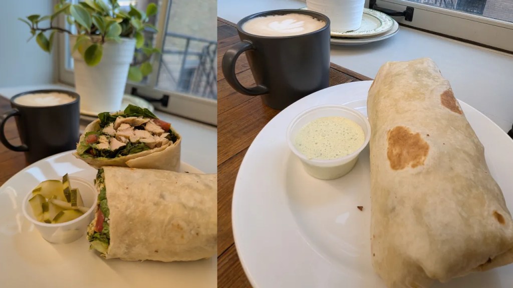 Willa's Chicken Wrap and Breakfast Burrito with Lattes. 
