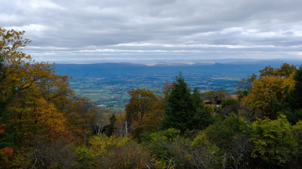 View from Skyline Drive Overlook with fall foliage and lit mountains in distance.