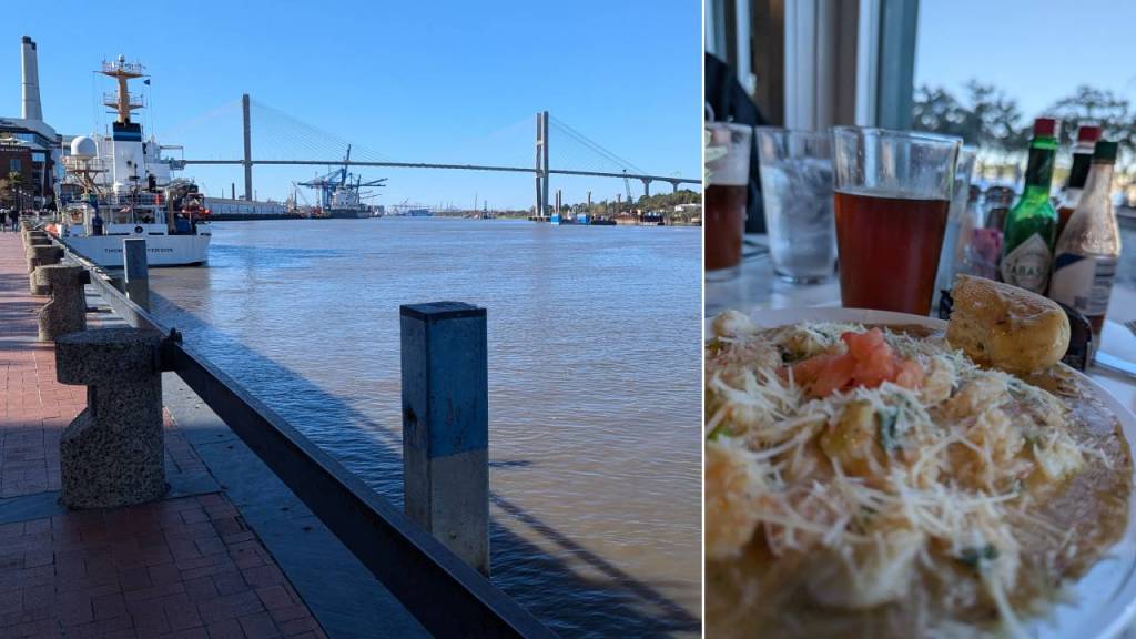 Riverfront and shrimp and grits dinner at Huey's in Savannah.