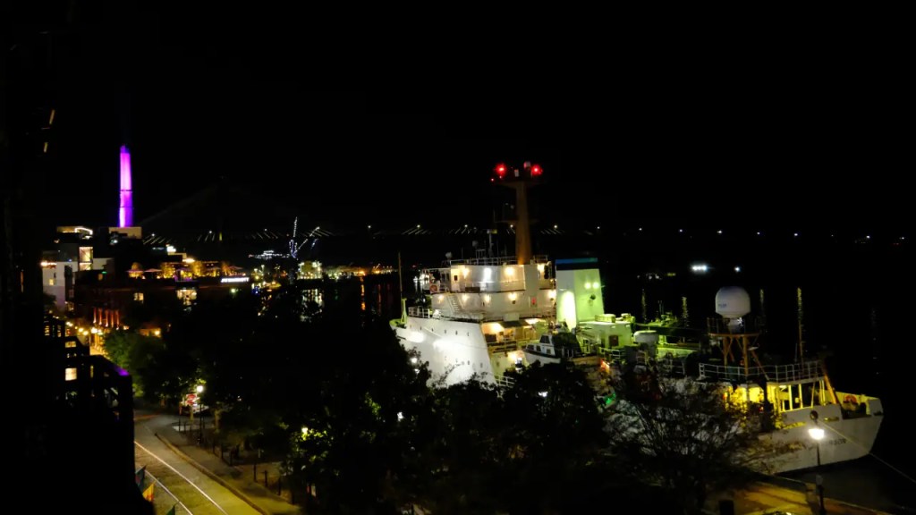 Night time view from The Cotton Sail Hotel room. 