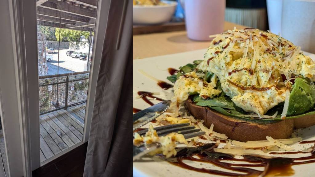 View from alternative hotel room and avocado toast at The Nest. 