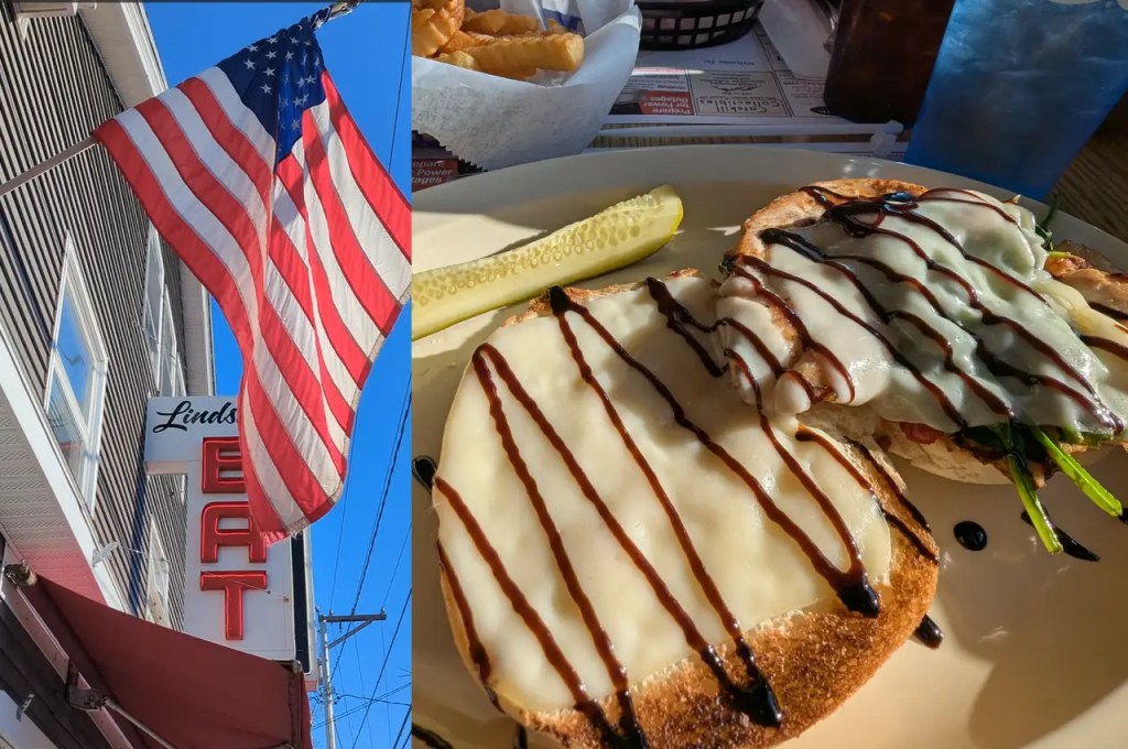 Lindsay's Restaurant in Leeds New York, outside and their Chicken Caprese Sandwich. 