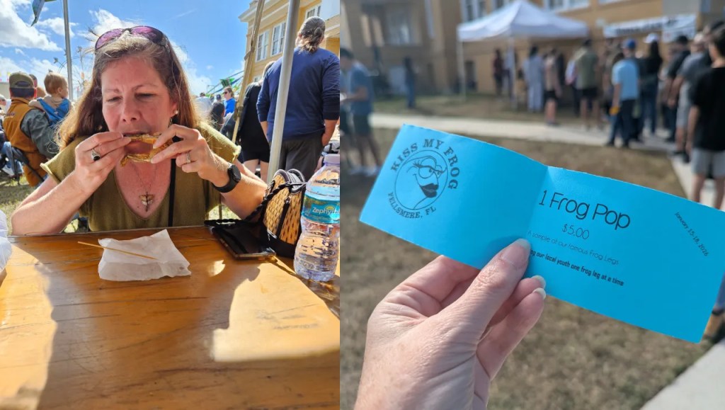 Frog Pop ticket and tasting a leg.